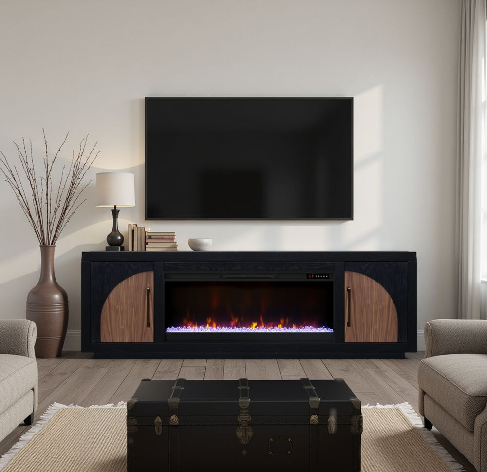 English Elm Eclipse Vintage-Style 82" Fireplace Tv Stand For 90" Tvs, Clove & Walnut, Cozy Heat & Storage Solution B108P345182