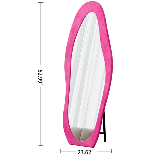 English Elm Full Flannel-Wrapped Full Length Mirror 63"x24" Irregular Wavy Frame Shatterproof Tempered Glass Vanity Wall/Lean-In Decor Rose Pink W347P368252