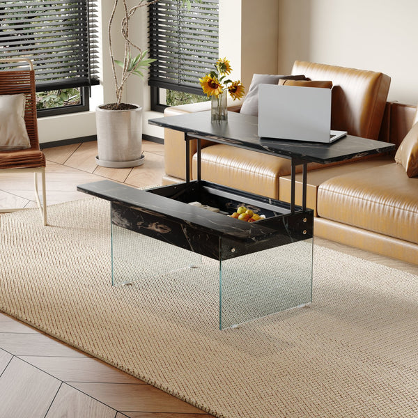 English Elm Multifunctional Lift Top Coffee Table with Tempered Glass Legs, Ergonomic Storage and Durable MDF Finish Black,Transparent W2920P226077