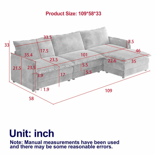 English Elm Corduroy Oversized L-Shaped Sectional Sofa With Movable Ottoman – Plush Comfort For Modern Living Spaces W834S00432
