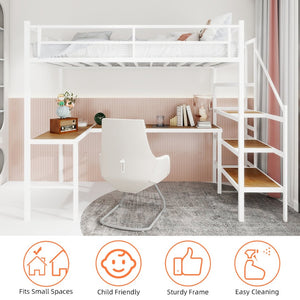 English Elm Loft Bed with L-shaped Desk Stair Storage and Full Guardrail Iron Frame White W1935S00008