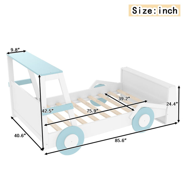 English Elm Twin Pine Treehouse Floor Bed with Padded Rails and Cabin Roofline for Kids White+Blue W1580S00470