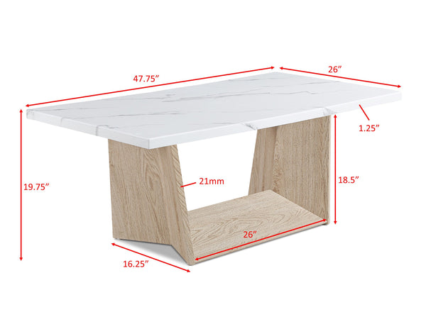 English Elm 3pc Modern Cocktail Table Set with Marble-Inspired Tops and Reeded Bases, Luxe Metallic Accents Oak,White 51.75 L x 29.25 W x 5 H B011S01895