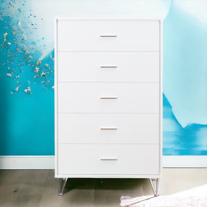 English Elm Deoss Five-Drawer White Finish Chest with Chrome Legs, Smooth Glide Ball Bearings & Safety Stop, Modern Storage B2726P256276
