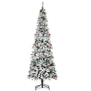 English Elm Homcom 7.5' Snow Flocked Pencil Christmas Tree With 600 Realistic Branches, Pinecones & Berries W2225P229732