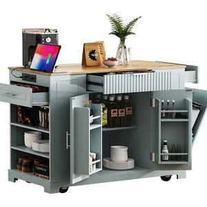 English Elm K&k Rolling Kitchen Island Rubber Wood Top Fluted Cabinet Built-in Charging Station Grey+Blue N707S221571G