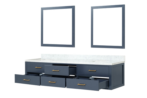 English Elm Blue Double Bath Vanity Set With Carrara Marble Top & Matching Mirrors - Elegant Storage Solution B2731S01589