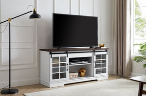 English Elm Multipurpose Sliding Door TV Stand with Fluted Tempered Glass, Ample Storage & Cable Management for TVs up to 65 inches White W1758P189946