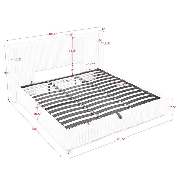 English Elm King Corduroy Upholstered Storage Bed Hydraulic Lift Ribbed Plush Cream Platform W1413S00182