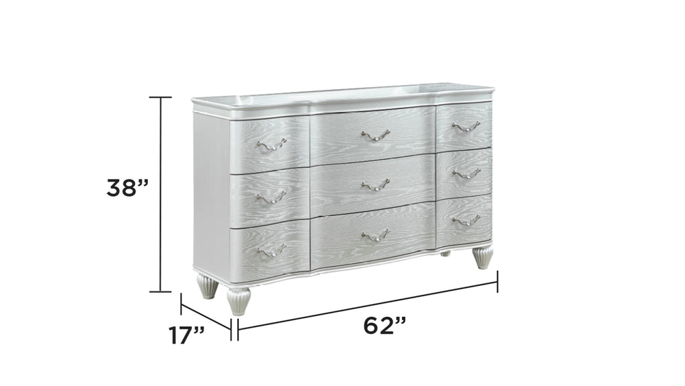 English Elm Landmark 9-Drawer Dresser In Silver Finish - Elegant Storage With Curved Drawers & Metal Pulls B009P235325