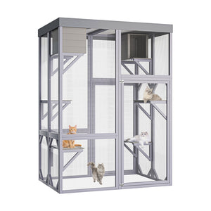 English Elm Outdoor Solid Fir Wood Cat Enclosure with 4 Tiered Platforms and Dual Napping Houses W3166P476669
