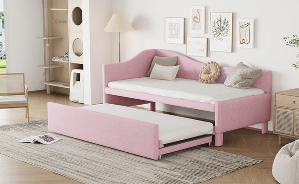 English Elm Twin L-shaped Linen Upholstered Daybed with Hydraulic Pop-up Trundle for Guest Rooms Pink SF000193AAH-1