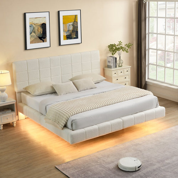 English Elm Christopher Knight Home® - White Boucle Floating Bed With Led Light, King - Modern Comfort, Safety Features & Easy Cleaning N769P304636W