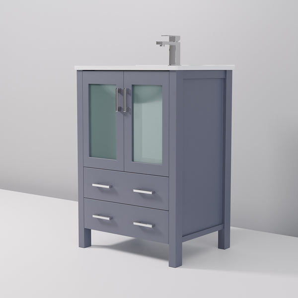 English Elm Dark Grey Bath Vanity With White Ceramic Top & Chrome Faucet Set – Modern & Compact Storage Solution B2731P260507