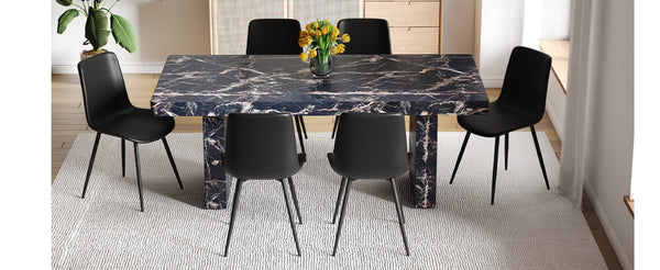 English Elm Table and Chair Set 7 Piece Black Marble Mdf Dining with Pu Leather Seating W1151S04135