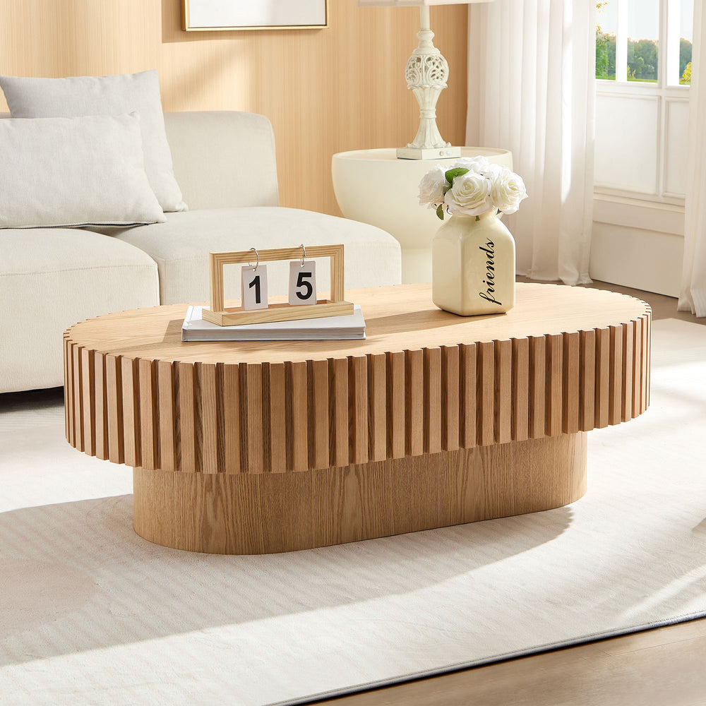 English Elm 43.70Inch Oval Drum Coffee Table — Modern Handcrafted Ash Finish, Sturdy MDF Pedestal, Compact Elegance W2582P250631