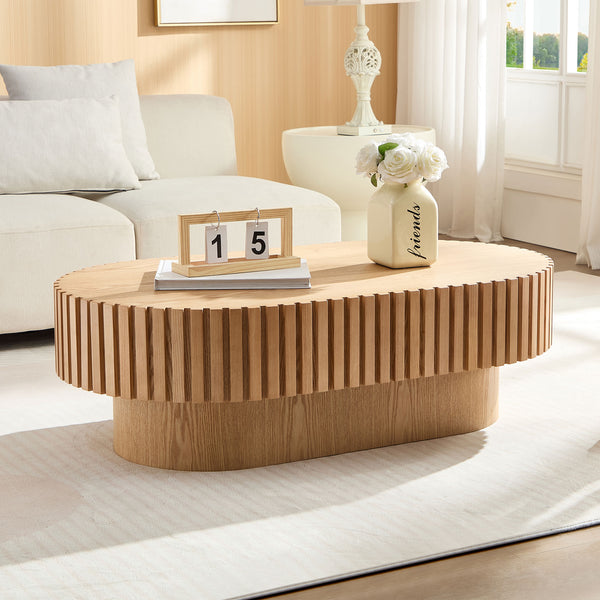 English Elm 43.70Inch Oval Drum Coffee Table — Modern Handcrafted Ash Finish, Sturdy MDF Pedestal, Compact Elegance W2582P250631