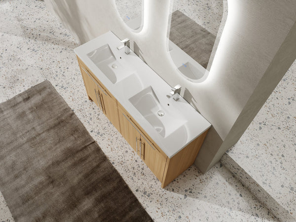 English Elm 60" Freestanding Bathroom Vanity with Dual Resin Sinks, Spacious Soft-Close Cabinet Storage, Durable Finish Oak W1972S00026