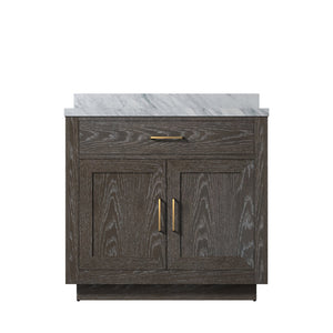 English Elm Brown Oak Single Bath Vanity With Carrara Marble Top - Elegant 36" W X 22" D Design, Ready To Install! B2731P257665