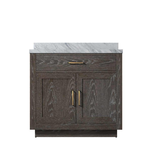 English Elm Brown Oak Single Bath Vanity With Carrara Marble Top - Elegant 36" W X 22" D Design, Ready To Install! B2731P257665