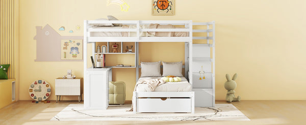 English Elm Full Over Twin Bunk Bed with Staircase Drawers Desk and Shelves in Gray White LT001605AAK-1
