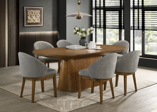 English Elm Andrew Oval Walnut Pedestal Dining Set with Six Upholstered Chairs Seats Eight B061S00961