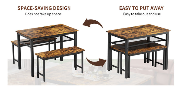 English Elm 3 Piece Farmhouse Dining Set with Two Benches, Espresso MDF & Metal Frame, Sturdy Rustic Style W57868889