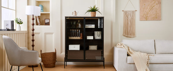 English Elm 51.2'' Freestanding Display Cabinet With Led Lights, Adjustable Glass Shelves & Hidden Storage – Walnut N845P261794D