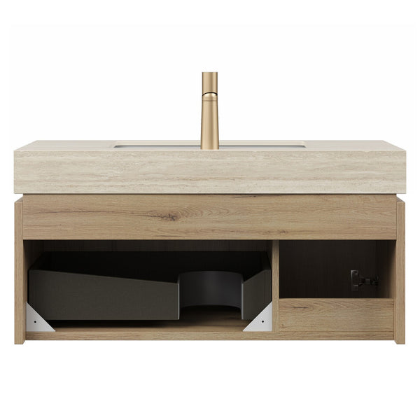 English Elm MURI Modern Wall-Mounted Vanity with Sintered Stone Top and Ceramic Basin, Plywood Cabinet, 39" Beige,White Oak W2615S00336