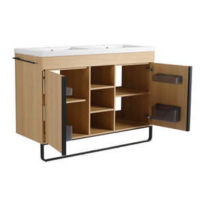 English Elm 48" Freestanding Bathroom Vanity With Resin Double Sink, Soft-Close Doors & Open Storage For Modern Style W999S00479