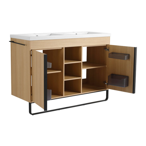 English Elm 48" Freestanding Bathroom Vanity With Resin Double Sink, Soft-Close Doors & Open Storage For Modern Style W999S00479