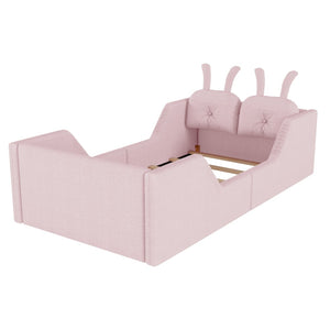 English Elm Twin Kids Platform Bed Teddy Fabric Upholstered with Bunny Cushions and Safety Rails Pink W2593P395807