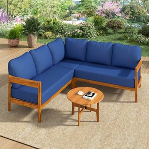 English Elm U_style Acacia Wood Outdoor L Shaped Corner Sofa Set with Arc Frame and Cushions Blue WY000481AAC