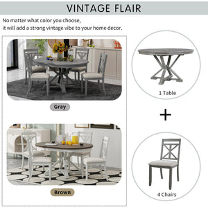 English Elm Trexm Retro Extendable Round Dining Set with Four Linen Upholstered Chairs Rubberwood Grey ST000141AAE-2026