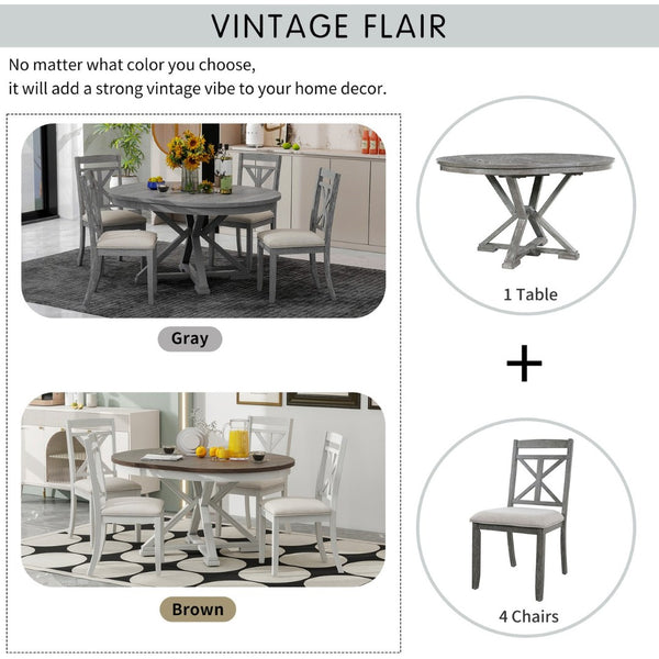 English Elm Trexm Retro Extendable Round Dining Set with Four Linen Upholstered Chairs Rubberwood Grey ST000141AAE-2026