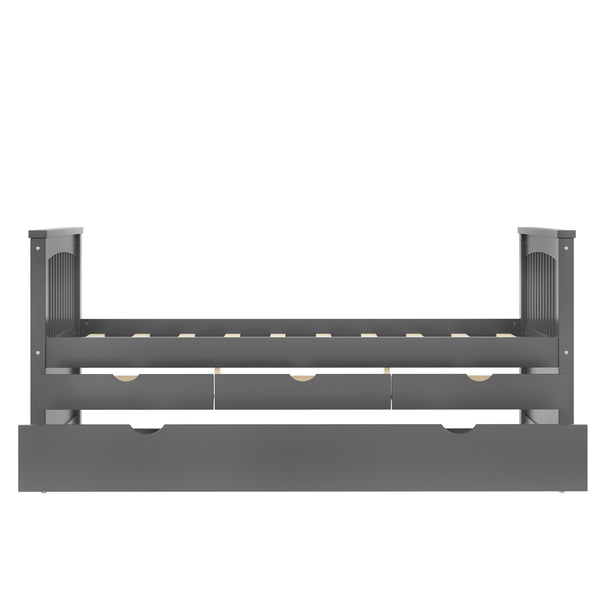English Elm Twin Solid Wood Platform Bed with Trundle and Two Drawers, White Daybed for Kids Guests Gray W1580S00263