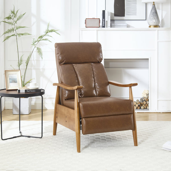 English Elm COOLMORE Mid-Century Recliner Armchair with Footrest, Plush Foam Cushion, Solid Wood Frame Comfort Light Brown W1539P210126
