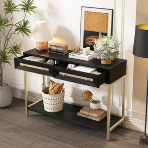 English Elm Trexm Retro Modern Console Table Two Drawers Geometric Matte Black Gold Entryway N715P227910B