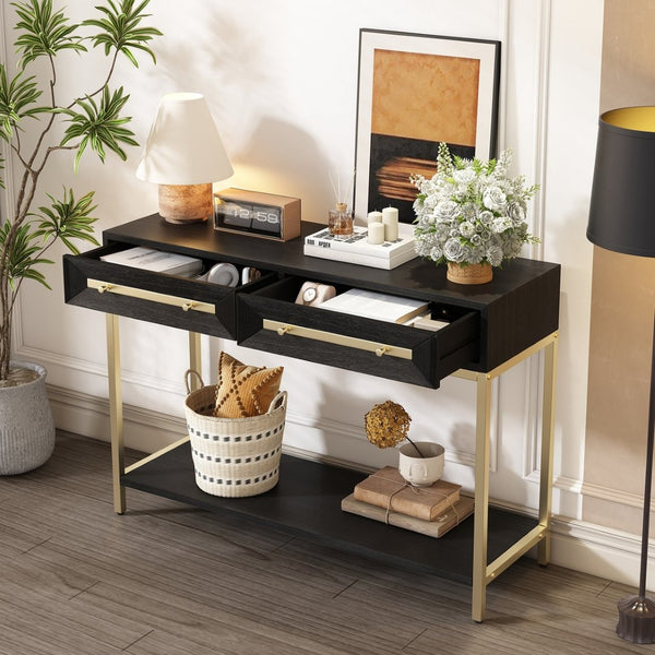 English Elm Trexm Retro Modern Console Table Two Drawers Geometric Matte Black Gold Entryway N715P227910B