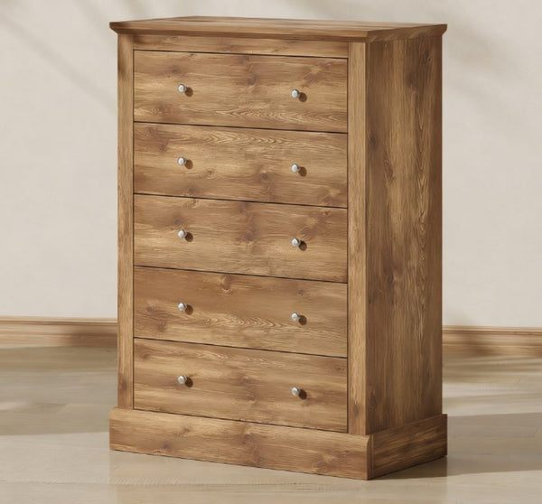 English Elm Dresser Farmhouse Five Drawer Chest Warm Brown Rustic Storage for Bedroom or Entryway T3971P431327