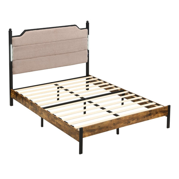 English Elm Queen Platform Bed Lamb Fleece Headboard Led Lighting Usb Charging Under Storage W311P416222
