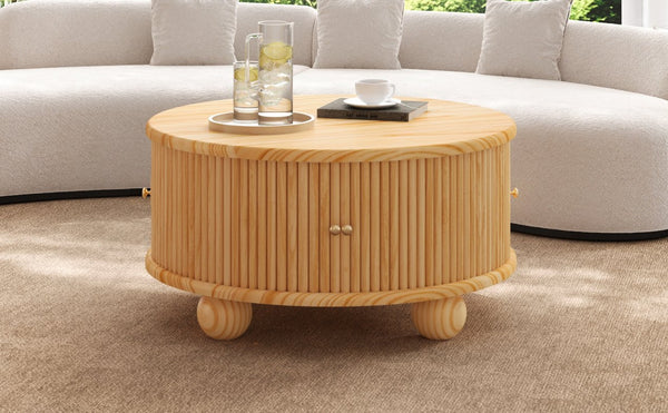 English Elm Round Fluted Pine Wood Coffee Table with Hidden Sliding Door Storage for Living Room Natural N735P369879N