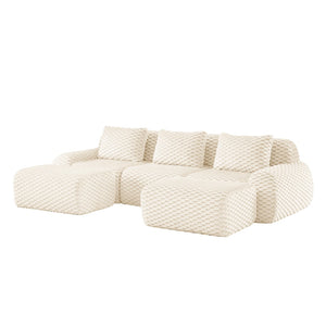 English Elm 114" U-shaped Modular Sectional Flannelette Sofa Oversized Lounge with Movable Ottoman Cream W714S01521