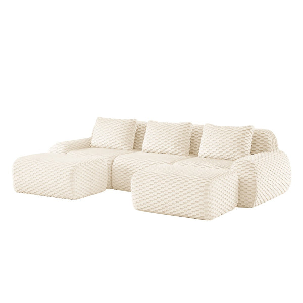 English Elm 114" U-shaped Modular Sectional Flannelette Sofa Oversized Lounge with Movable Ottoman Cream W714S01521