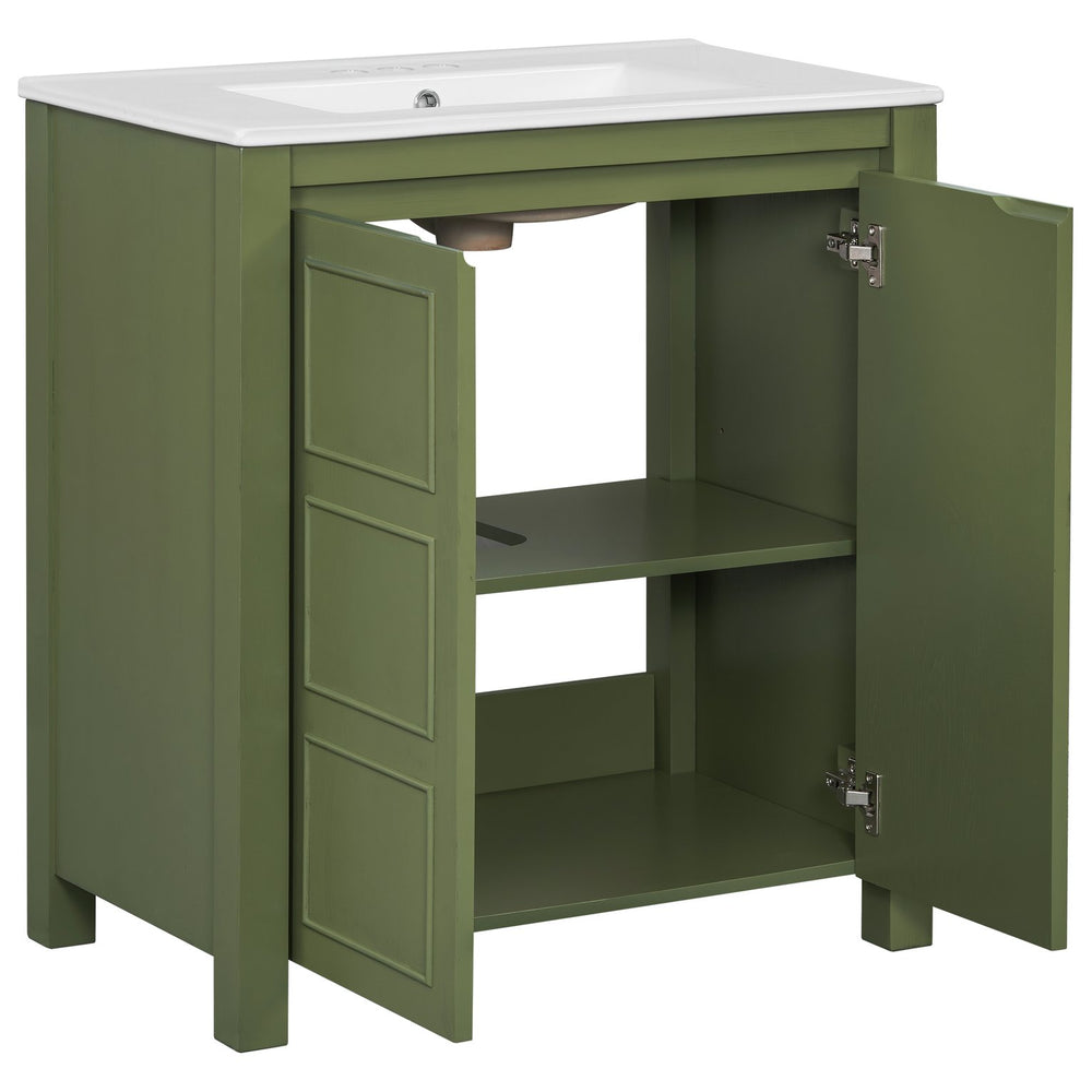English Elm 30'' 30'' Farmhouse Bathroom Vanity Olive Green with Ceramic Sink, Adjustable Shelves, Soft-Close Doors, Rustic Wood Frame N729P290712F