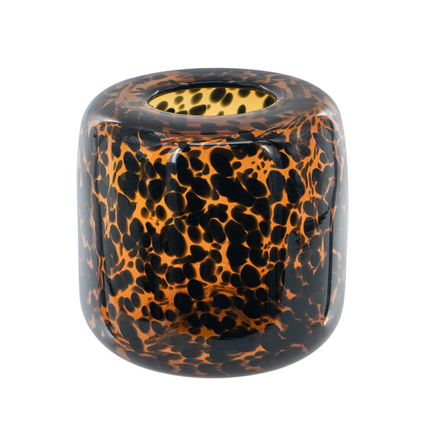 English Elm Brown Chee Glass Vase Short 7.9x7.9" Amber & Black Cheetah Motif Handcrafted Accent Piece for Rustic Décor W2078P357246
