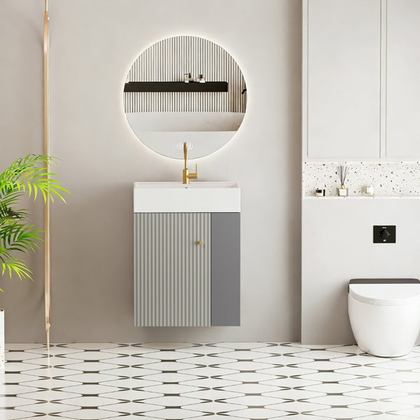 English Elm 21.6" Floating Vanity with Ceramic Sink Soft-close Cabinet and Open Shelves in Grey W1573S00093