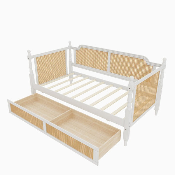 English Elm Traditional Rattan Headboard Twin Daybed Pine Frame with Under Bed Storage Drawers BS701P193261K