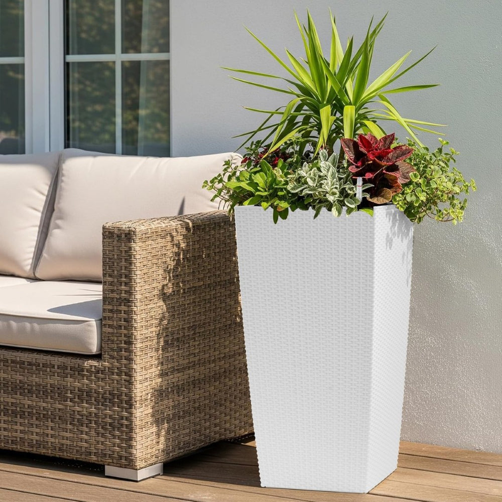 English Elm 30 Inch Tall Faux Rattan Planter Self Watering Outdoor Indoor Patio Garden Pot White W3213P325513