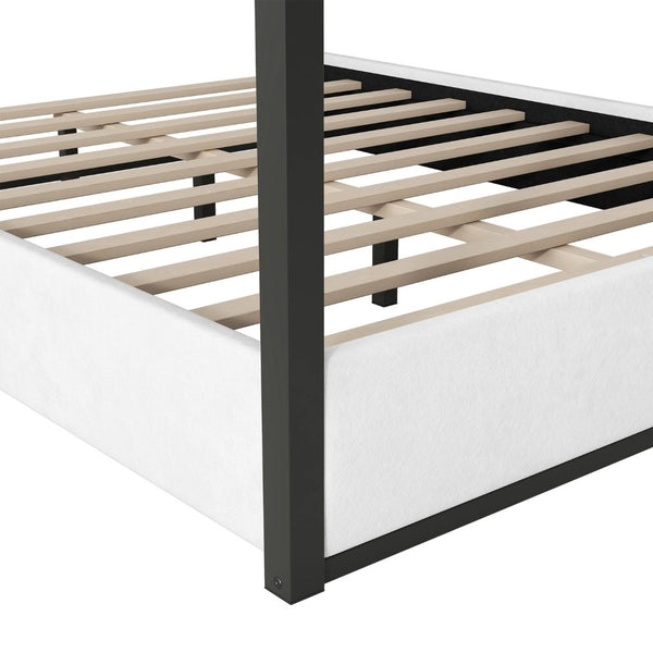 English Elm Queen Velvet Upholstered Canopy Bed White Metal 4 Poster Frame No Box Spring GX001031AAB